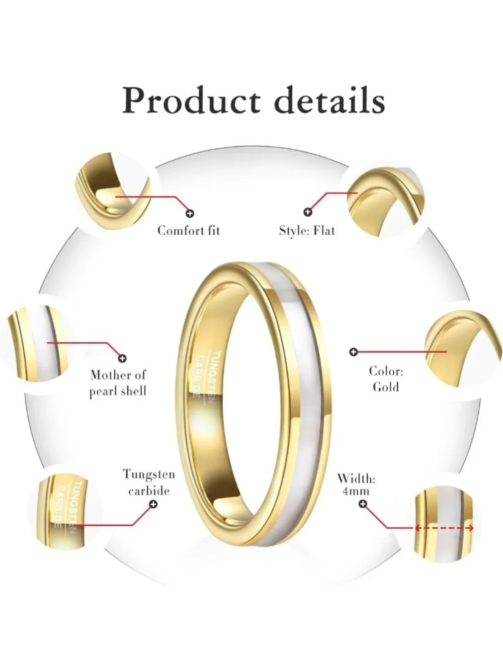 Rose Gold Tungsten Carbide Ring with Mother of Pearl Inlay, Comfort Fit, Size